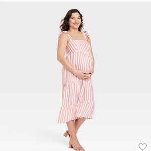 Tie Sleeve Maternity Dress - Coral Pink Striped - Small